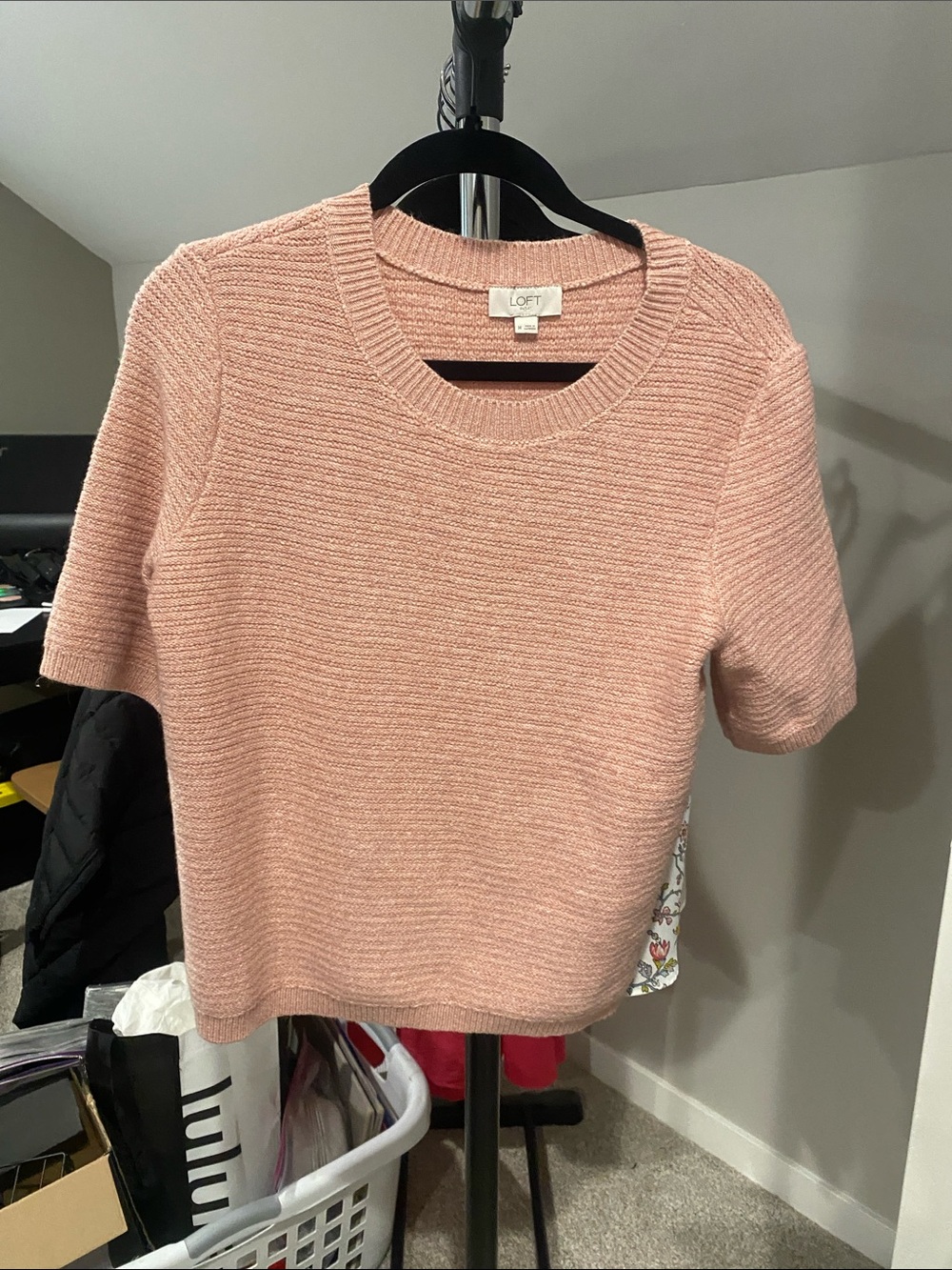 LOFT Ribbed Short-Sleeve Crew Sweater in Blush Pink